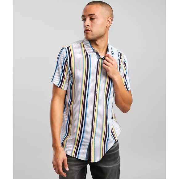 nova Other - Nova Men's Short Sleeve Button Down Shirt Vertical Striped Multi-Color Slim M